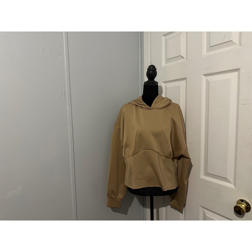 Express Womens Tan Corset Waist Hoodie Sweatshirt Scuba Pullover XL